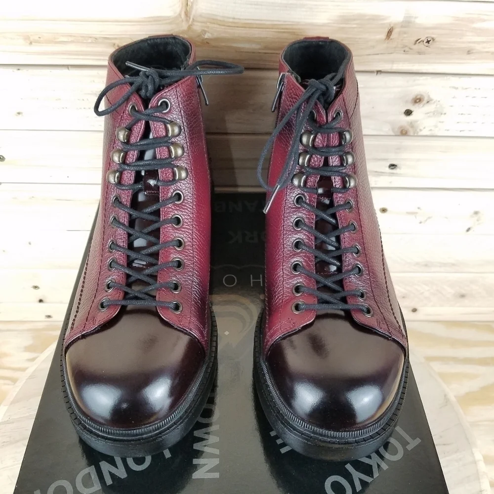 Men's Boots 10M 100% Genuine Leather Burgundy Biker Paul Branco Side Zip Lace-up
